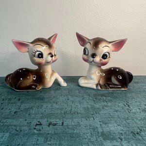 Kitschy Anthropomorphic Big Eyed Doe Fawn Deer Salt Pepper Shakers Japan Vintage